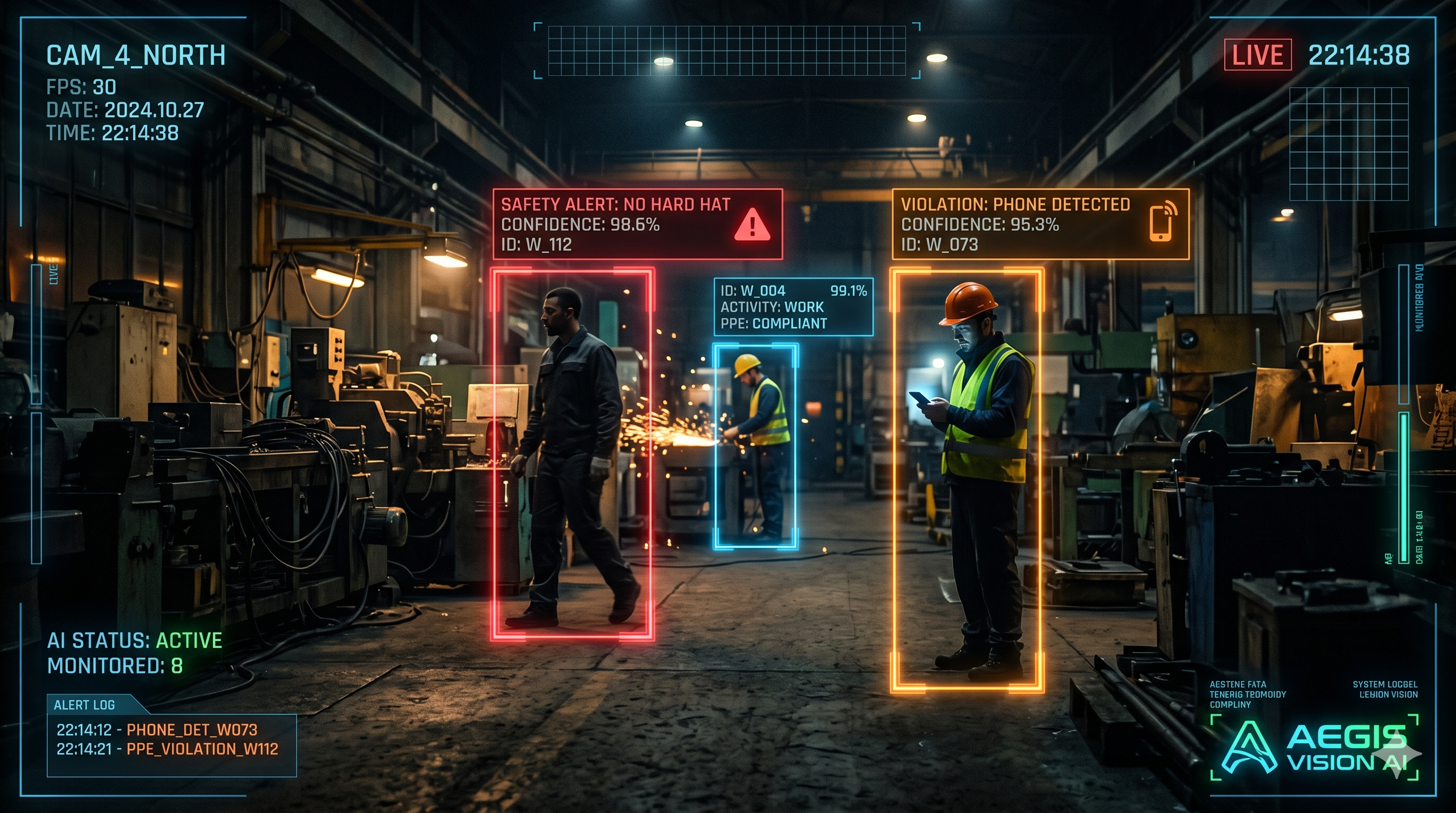AI computer vision detecting factory safety violations with bounding boxes